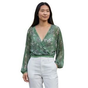 Urban Outfitters Sheer Floral Sparkly Wrap Blouse, Color Green, Size Large